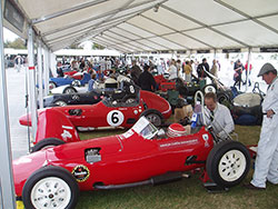Front-engined Elva Juniors lined up in the paddock.